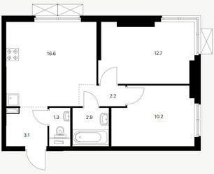 Планировка двухкомнатной(квартира) площадью 49 квадратных метров в ЖК “ЖК Руставели 14”