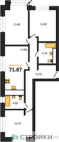 Планировка трехкомнатной(квартира) площадью 71.87 квадратных метров в “ЖК Городские Истории”