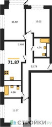 Планировка трехкомнатной(квартира) площадью 71.87 квадратных метров в ЖК “ЖК Городские Истории”