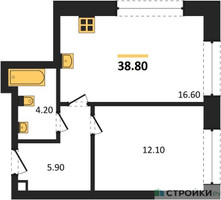 Планировка однокомнатной(квартира) площадью 38.8 квадратных метров в “ЖК МАРК”