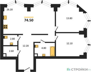 Планировка двухкомнатной(квартира) площадью 74.5 квадратных метров в ЖК “ЖК ЗИЛАРТ”