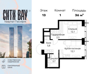Планировка однокомнатной(квартира) площадью 36 квадратных метров в ЖК “ЖК Сити Бэй”