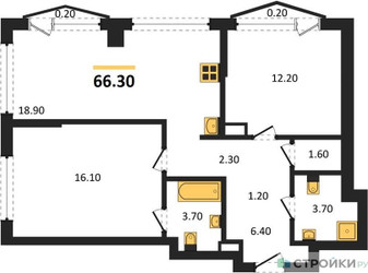 Планировка двухкомнатной(квартира) площадью 66.3 квадратных метров в ЖК “Акценты”
