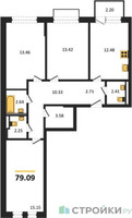 Планировка трехкомнатной(квартира) площадью 79.09 квадратных метров в “ЖК Рублевский Квартал”