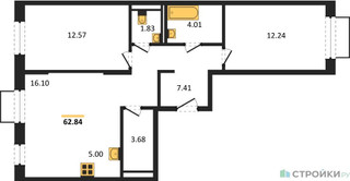 Планировка двухкомнатной(квартира) площадью 62.84 квадратных метров в “ЖК Квартал Домашний”
