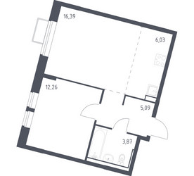 Планировка однокомнатной(квартира) площадью 43.64 квадратных метров в ЖК “ЖК Молжаниново”