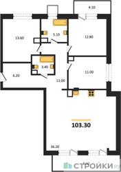 Планировка трехкомнатной(квартира) площадью 103.3 квадратных метров в ЖК “ЖК Прайм квартал Отрада на реке”