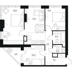 Планировка трехкомнатной(квартира) площадью 76.9 квадратных метров в ЖК “ЖК NEXUS by Akvilon (Нексус от Аквилон)”