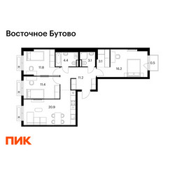Планировка трехкомнатной(квартира) площадью 82.6 квадратных метров в ЖК “ЖК Восточное Бутово”