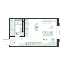Планировка студии(квартира) площадью 36 квадратных метров в ЖК “ЖК G3 Михалевич”