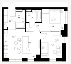 Планировка двухкомнатной(квартира) площадью 54.3 квадратных метров в ЖК “Нарвин”