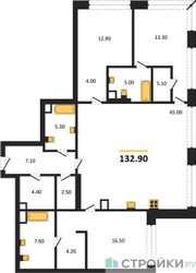 Планировка трехкомнатной(квартира) площадью 132.9 квадратных метров в ЖК “ЖК Luzhniki Collection (Коллекция Лужники)”