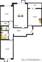 Планировка трехкомнатной(квартира) площадью 84 квадратных метров в “ЖК 1-й Ленинградский (Первый Ленинградский)”