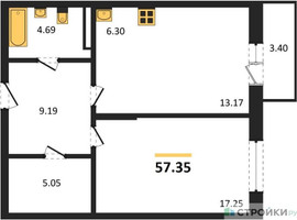 Планировка однокомнатной(квартира) площадью 57.35 квадратных метров в “ЖК Riga Hills (Рига Хиллс)”