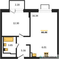 Планировка однокомнатной(квартира) площадью 44.44 квадратных метров в “ЖК Богдановский Лес”