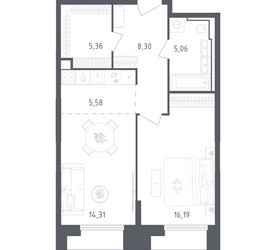Планировка однокомнатной(апартаменты) площадью 54.8 квадратных метров в ЖК “ЖК Скай Спутник”