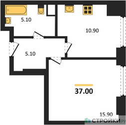 Планировка однокомнатной(квартира) площадью 37 квадратных метров в ЖК “ЖК Мираполис”