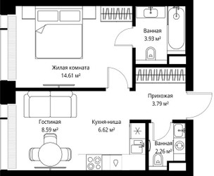 Планировка однокомнатной(квартира) площадью 39.8 квадратных метров в ЖК “ЖК Веер”