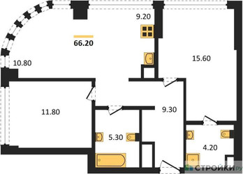 Планировка двухкомнатной(квартира) площадью 65.4 квадратных метров в ЖК “ЖК River Park Кутузовский (Ривер Парк Тауэрс)”