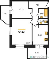 Планировка двухкомнатной(квартира) площадью 50.69 квадратных метров в “ЖК ВОСТОК II”
