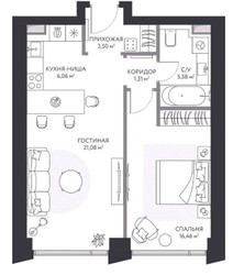 Планировка однокомнатной(квартира) площадью 54.3 квадратных метров в ЖК “ЖК Hide (Хайд)”