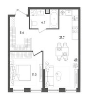 Планировка однокомнатной(квартира) площадью 46 квадратных метров в “ЖК Pave (Пэйв)”