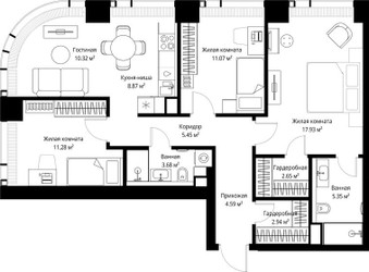Планировка трехкомнатной(квартира) площадью 84.13 квадратных метров в ЖК “ЖК Веер”