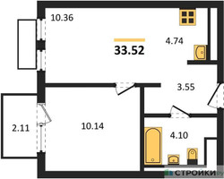 Планировка однокомнатной(квартира) площадью 33.52 квадратных метров в “ЖК Пригород Лесное”