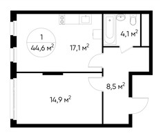 Планировка однокомнатной(квартира) площадью 44.6 квадратных метров в “ЖК Переделкино Ближнее”