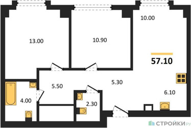 Планировка двухкомнатной(квартира) площадью 57.1 квадратных метров в ЖК “ЖК Мангазея на Тульской”