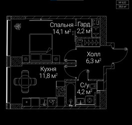 Планировка однокомнатной(квартира) площадью 38.6 квадратных метров в ЖК “ЖК СЕЗАР БУДУЩЕЕ”