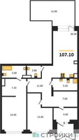 Планировка двухкомнатной(квартира) площадью 107.1 квадратных метров в “ЖК Первый квартал”
