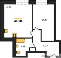 Планировка однокомнатной(квартира) площадью 46.9 квадратных метров в “ЖК Sezar City (Сезар Сити)”