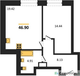 Планировка однокомнатной(квартира) площадью 46.9 квадратных метров в ЖК “ЖК Sezar City (Сезар Сити)”