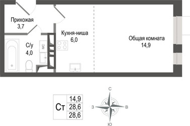 Планировка студии(квартира) площадью 28.6 квадратных метров в ЖК “ЖК КИНОКВАРТАЛ”