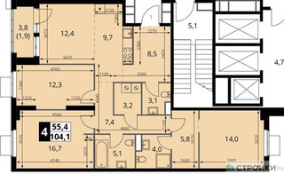 Планировка трехкомнатной(квартира) площадью 105.5 квадратных метров в “ЖК 1-й Измайловский (Первый Измайловский)”
