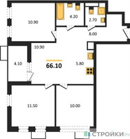 Планировка трехкомнатной(квартира) площадью 66.1 квадратных метров в “ЖК Скандинавия”