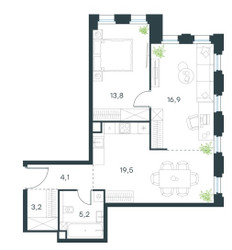 Планировка двухкомнатной(квартира) площадью 62.7 квадратных метров в ЖК “ЖК Level Селигерская”