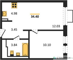 Планировка однокомнатной(квартира) площадью 34.4 квадратных метров в “ЖК Новое Видное”
