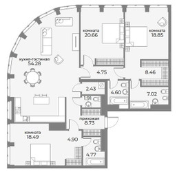 Планировка 4+ комнатной(апартаменты) площадью 163.2 квадратных метров в ЖК “ЖК Sky View (Скай Вью)”