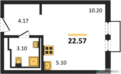 Планировка студии(квартира) площадью 22.57 квадратных метров в ЖК “ЖК Пригород Лесное”