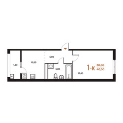 Планировка однокомнатной(квартира) площадью 39 квадратных метров в ЖК “ЖК Новое Летово”
