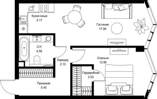 Планировка однокомнатной(квартира) площадью 49.9 квадратных метров в “Дом премиум-класса МИРА”
