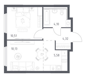 Планировка однокомнатной(квартира) площадью 34.64 квадратных метров в ЖК “ЖК Пригород Лесное”