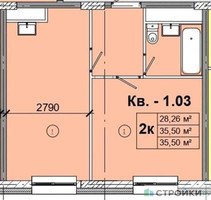 Планировка однокомнатной(квартира) площадью 35.5 квадратных метров в “ЖК Радость (Радумля Парк)”