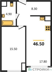 Планировка однокомнатной(апартаменты) площадью 46.5 квадратных метров в ЖК “ЖК Мираполис”