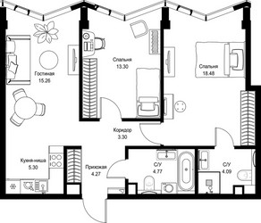 Планировка двухкомнатной(квартира) площадью 68.77 квадратных метров в ЖК “Дом премиум-класса МИРА”