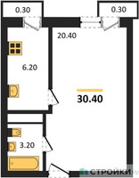 Планировка однокомнатной(квартира) площадью 30.4 квадратных метров в “ЖК Южная Долина”
