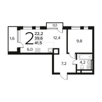 Планировка двухкомнатной(квартира) площадью 41.6 квадратных метров в “Новые Ватутинки. Заречный”