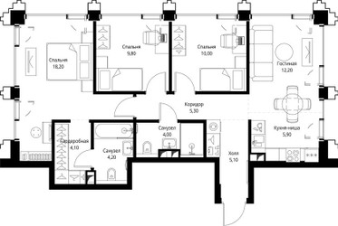 Планировка трехкомнатной(квартира) площадью 79.3 квадратных метров в ЖК “ЖК СЕТ”